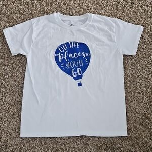 Hand Crafted White Tee with Blue Balloon Graphic